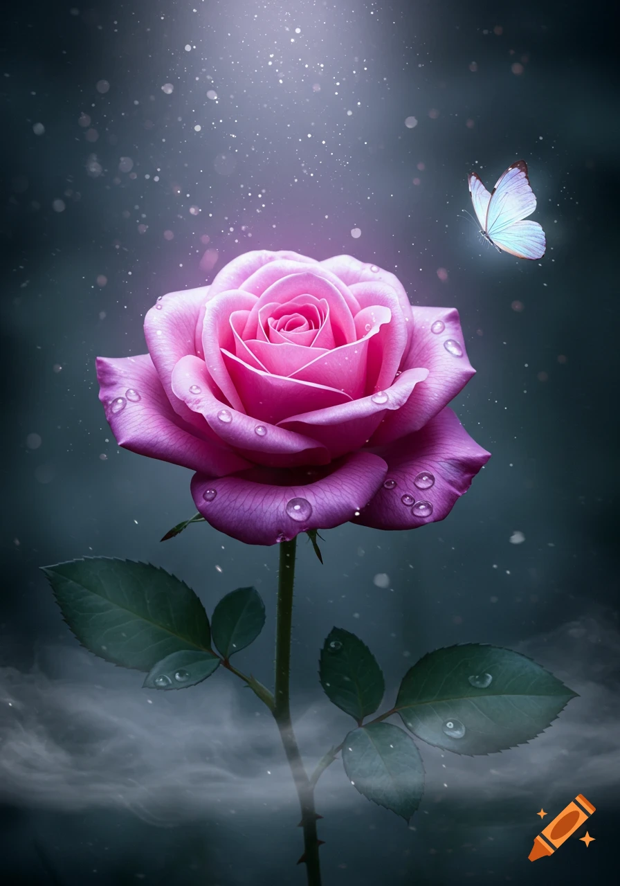 A vibrant pink rose with water droplets on its petals, a light blue butterfly, and mist at the base, all against a dark, sparkling background.