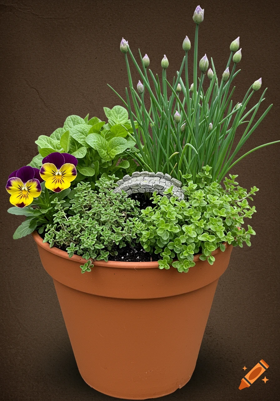 A terracotta pot filled with chives, yellow and purple pansies, leafy herbs, and a small stone bridge.