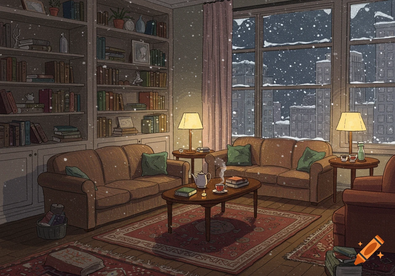 Illustrated cozy living room with bookshelves, sofas, and lamps overlooking a snowy city night scene.