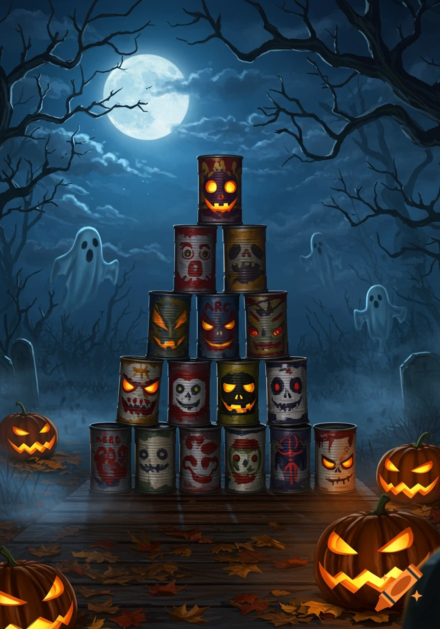 A stylized illustration of Halloween-themed cans stacked in a pyramid on a wooden plank, surrounded by glowing jack-o'-lanterns and ghosts in a moonlit graveyard.