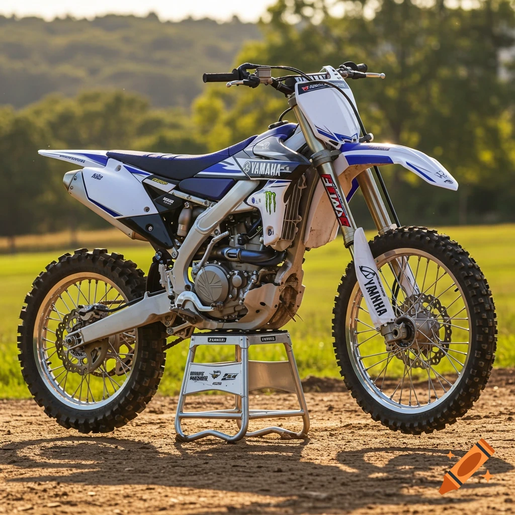 A white and blue Yamaha YZF 450 dirt bike sits on a stand on a dirt track, with a sunny, green field in the background.