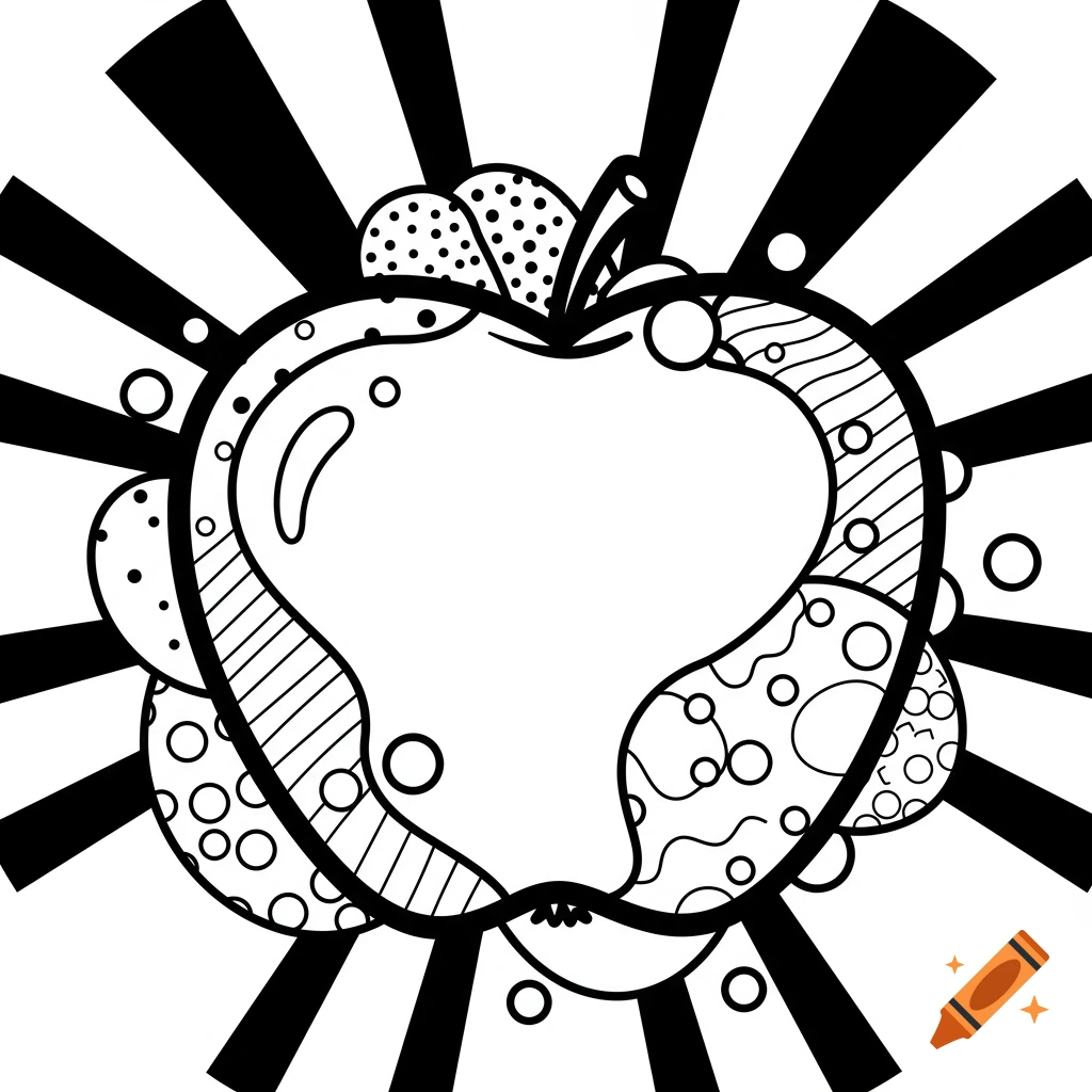 A black and white pop art apple outline with various patterns, surrounded by radiating starburst rays, suitable for coloring.