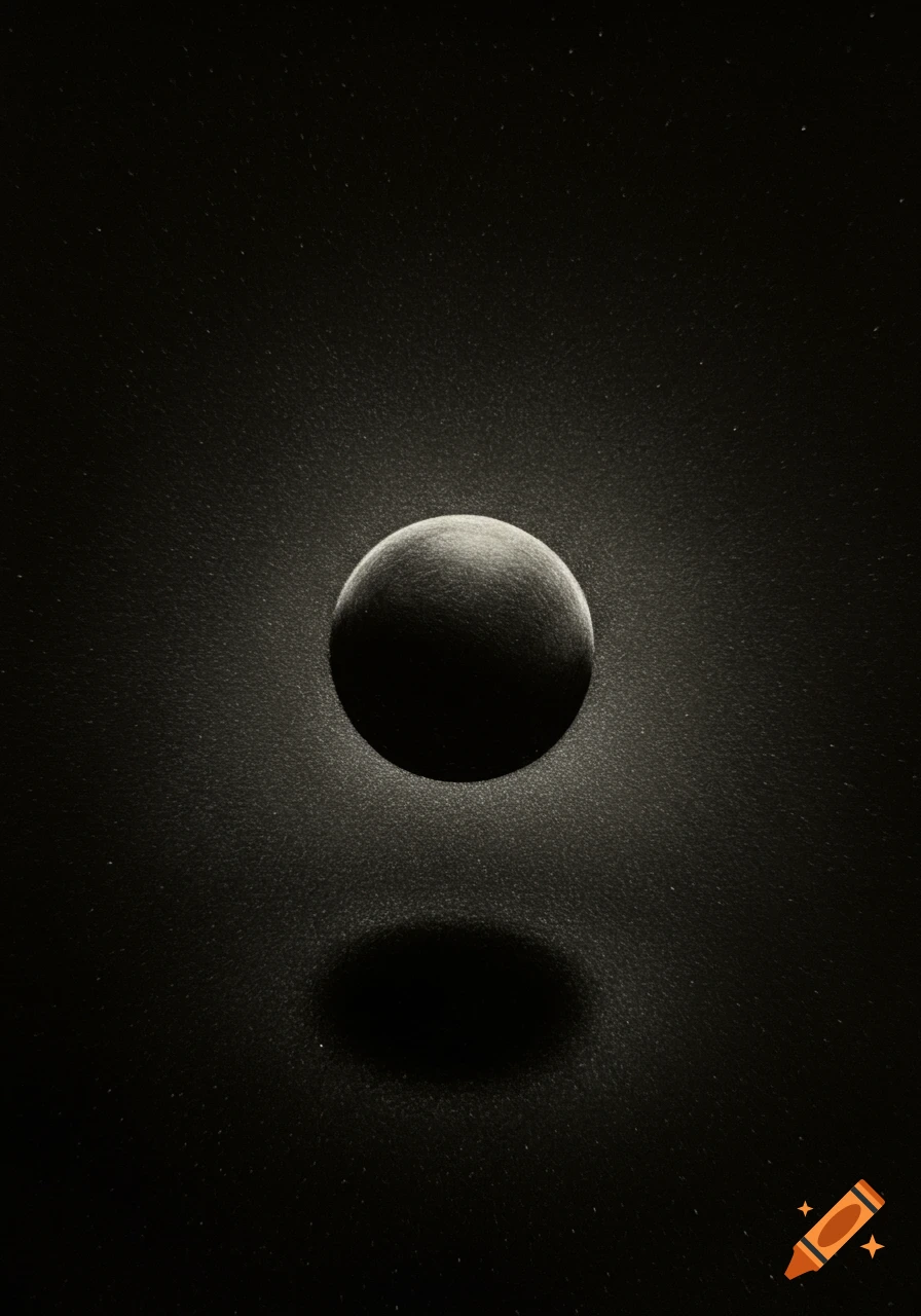 A dark, textured sphere floats in a speckled void, illuminated with a soft glow and casting a shadow.