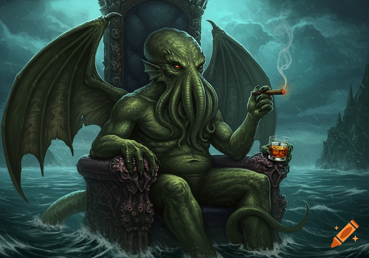 Cthulhu, a green, winged, tentacled monster, sits on a stone throne in a stormy ocean, smoking a cigar and holding a whiskey glass.