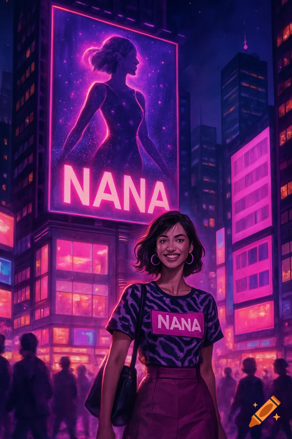 A smiling woman in a neon-lit city at night, with a "NANA" billboard behind her and "NANA" on her zebra-print shirt.