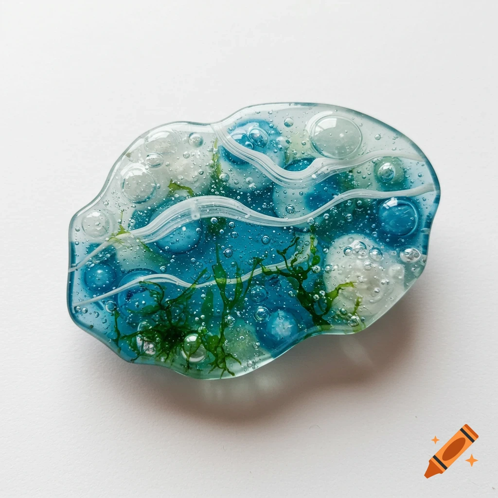 Close-up of a clear glass brooch with blue, white, and green embedded elements, resembling an underwater scene with bubbles and seaweed.