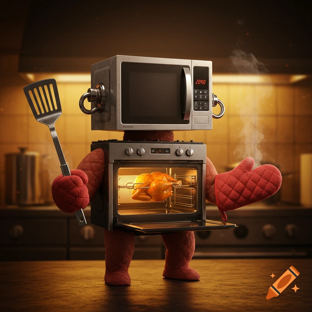 An anthropomorphic character with a microwave for a head, an oven for a body holding a rotisserie chicken, and plush red limbs holding a spatula and oven mitt.