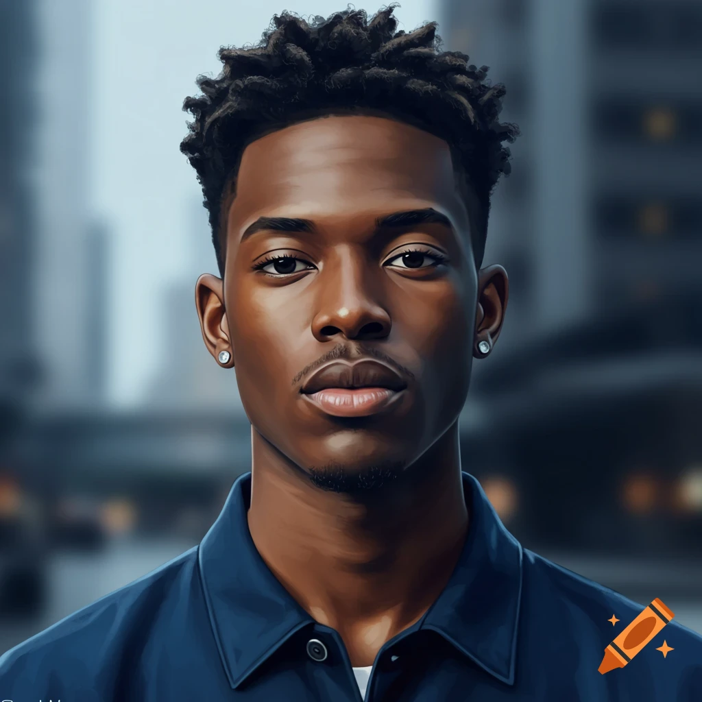 A close-up, photorealistic portrait of a young Black man with dreadlocks, a slight goatee, and an earring, wearing a dark blue shirt against a blurred city background.