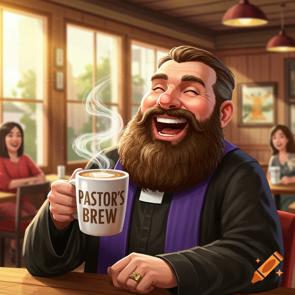 A jovial, bearded pastor in a coffee shop laughs while holding a steaming mug labeled 'Pastor's Brew'.