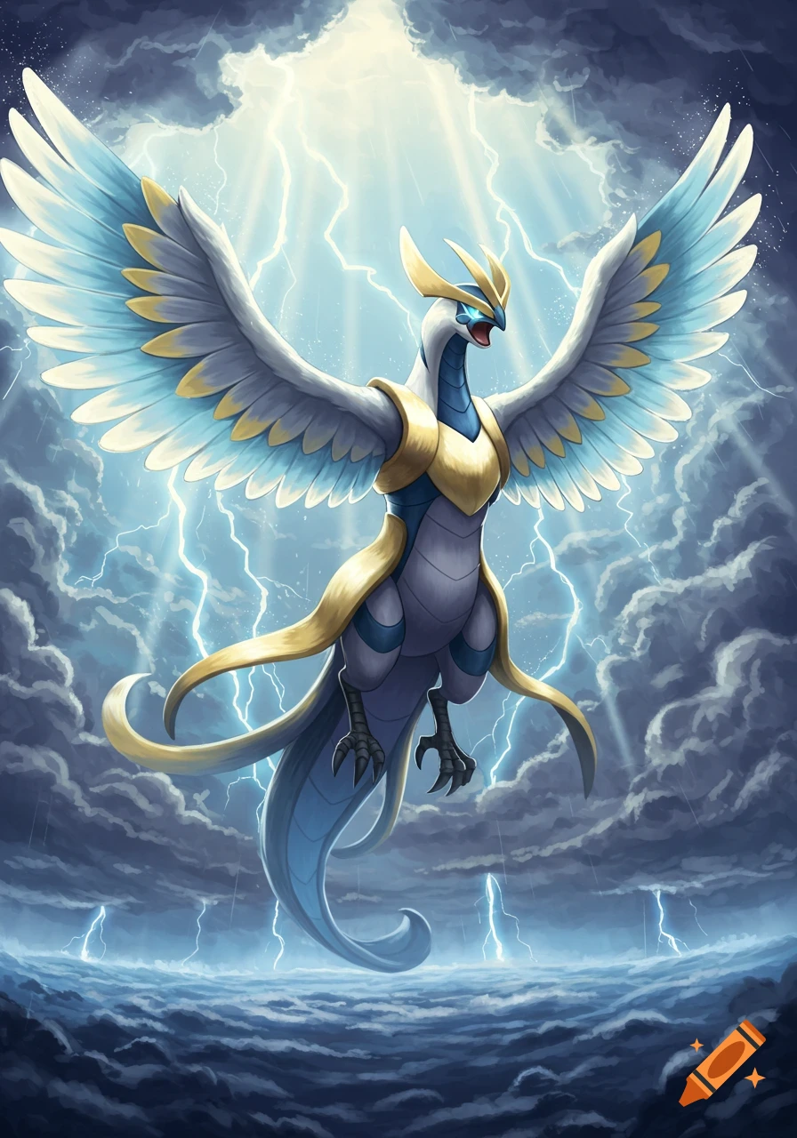 A majestic white, blue, and gold avian creature, like Lugia, soars through dark storm clouds with lightning and bright light.
