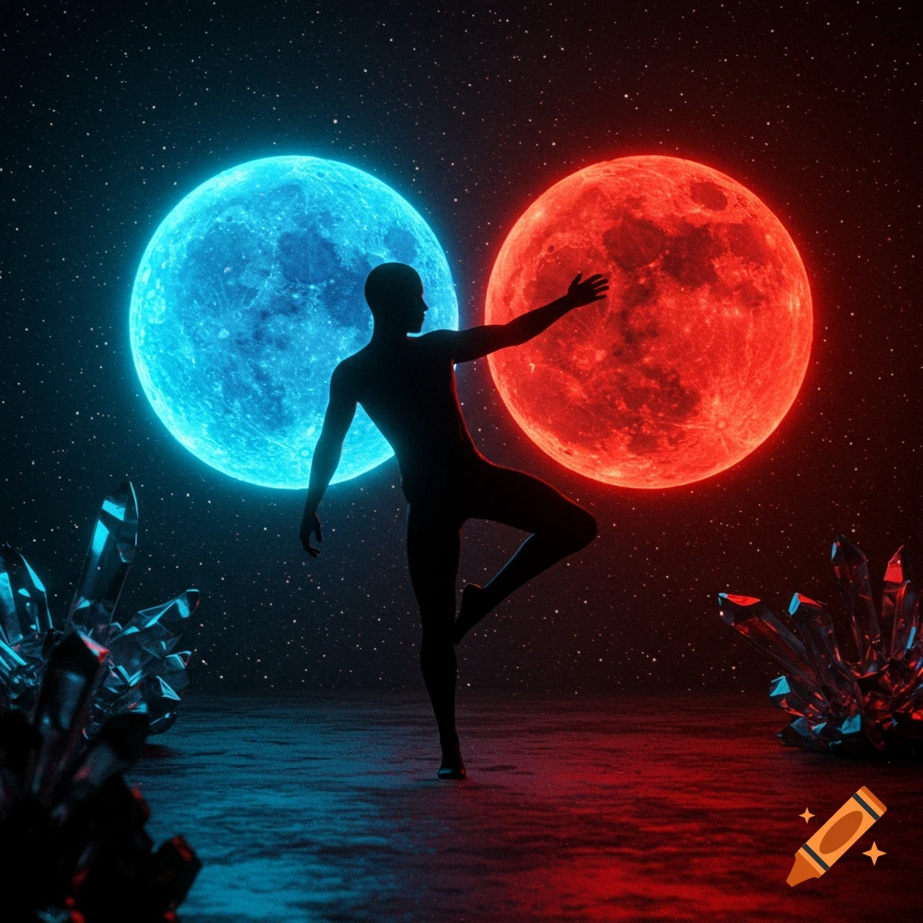 A silhouette of a person reaching towards a red moon, with a blue moon behind them, surrounded by glowing crystals in a starry cosmic scene.