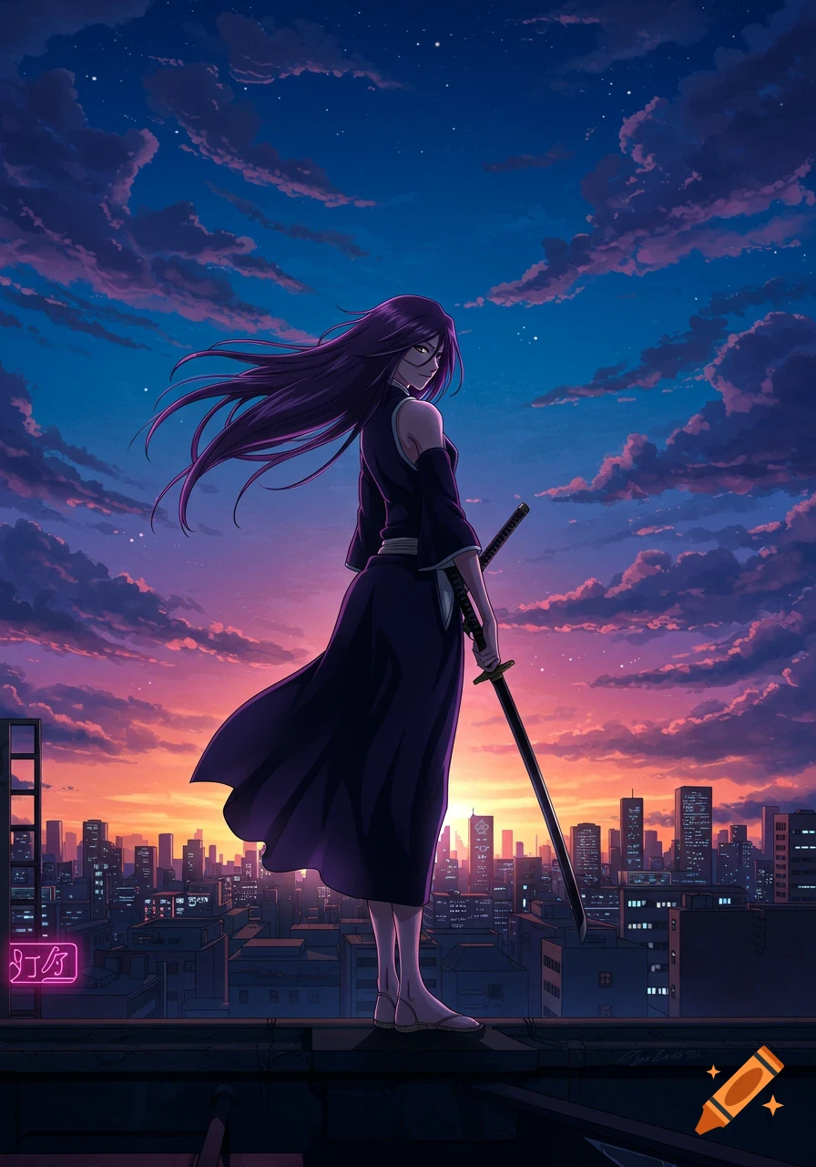 Anime girl with long purple hair, wearing a dark robe and holding a katana, stands on a rooftop overlooking a city skyline at sunset.
