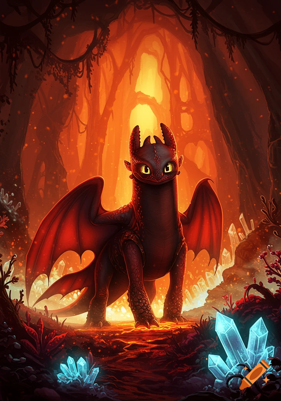 A cute black dragon with red wings stands in a glowing orange cave with blue crystals.