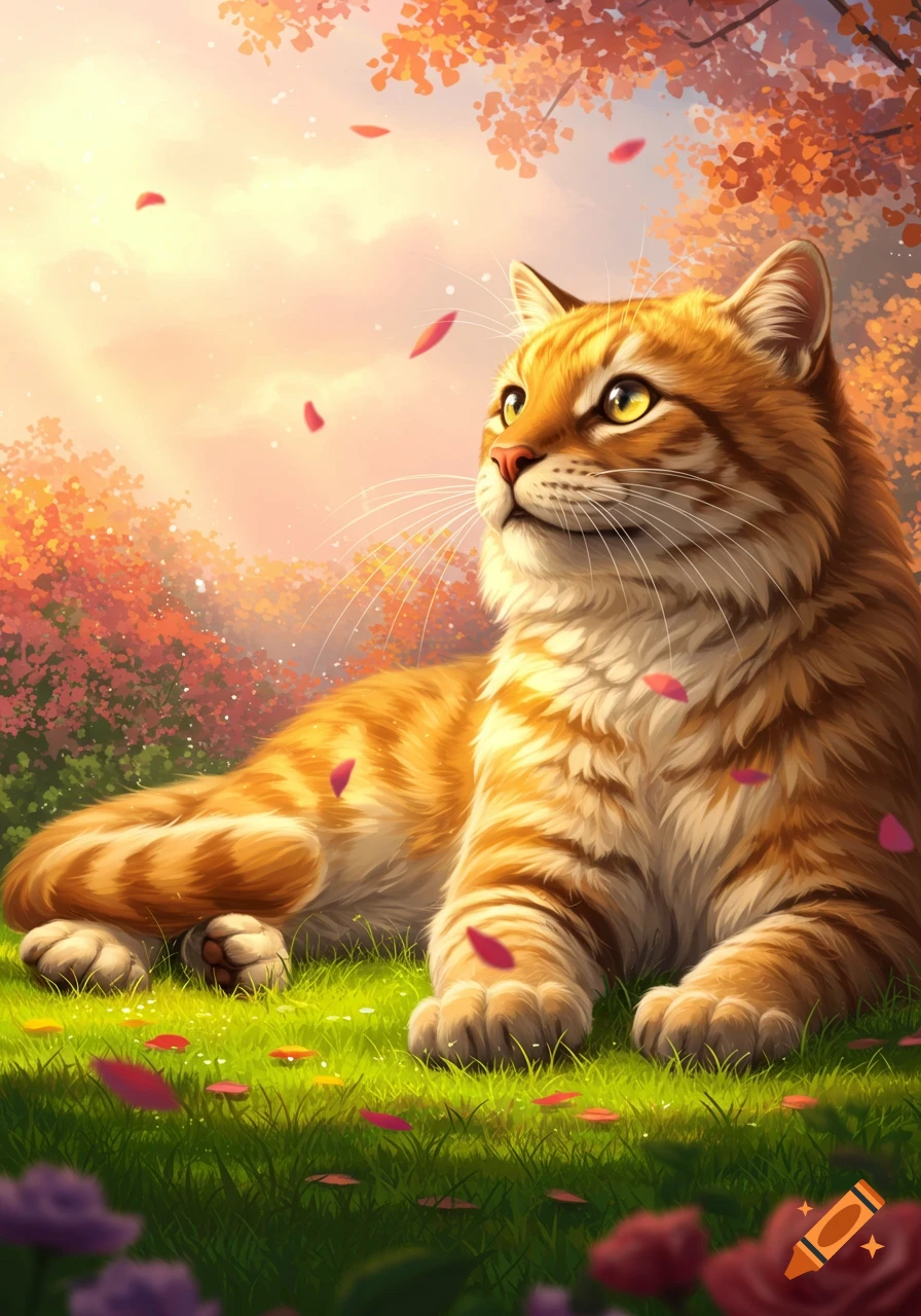 A digital painting of an orange tabby cat with golden eyes lying in green grass. Autumn leaves fall around it, with warm-toned trees and sky.