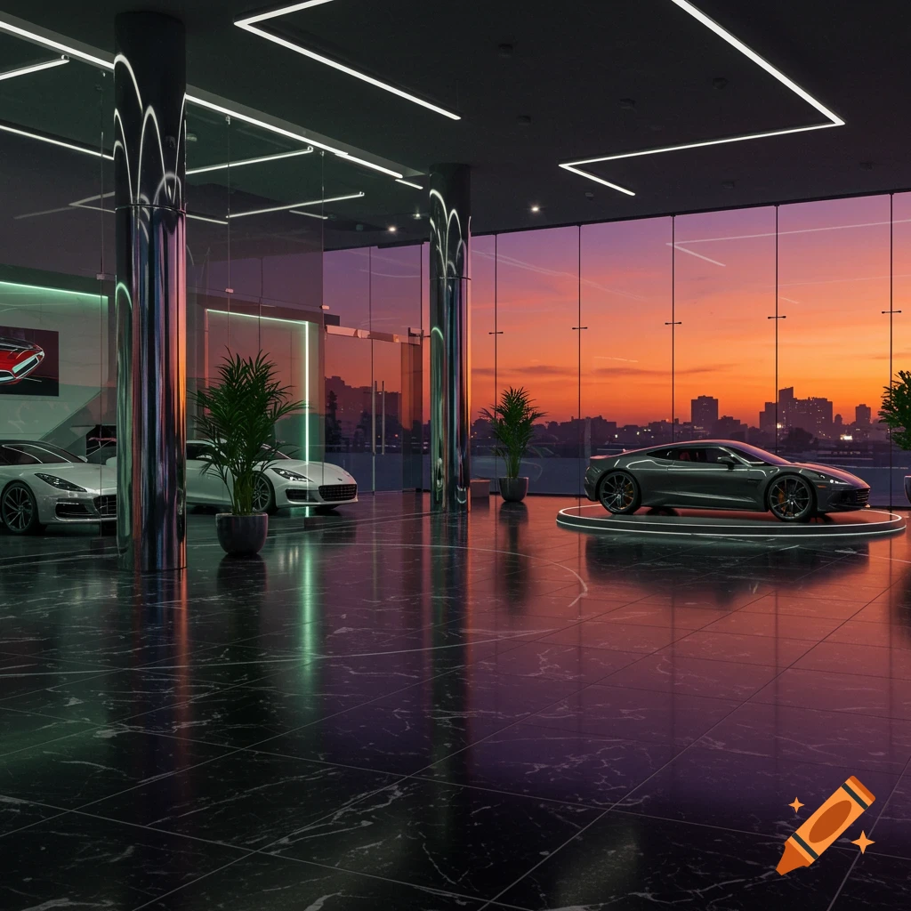 A modern luxury car dealership with sleek cars on polished dark floors, large glass windows overlooking a city skyline at sunset.