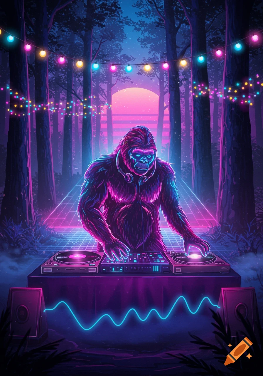 A neon gorilla DJ spins records in a synthwave forest rave with vibrant string lights and a pink sunset.