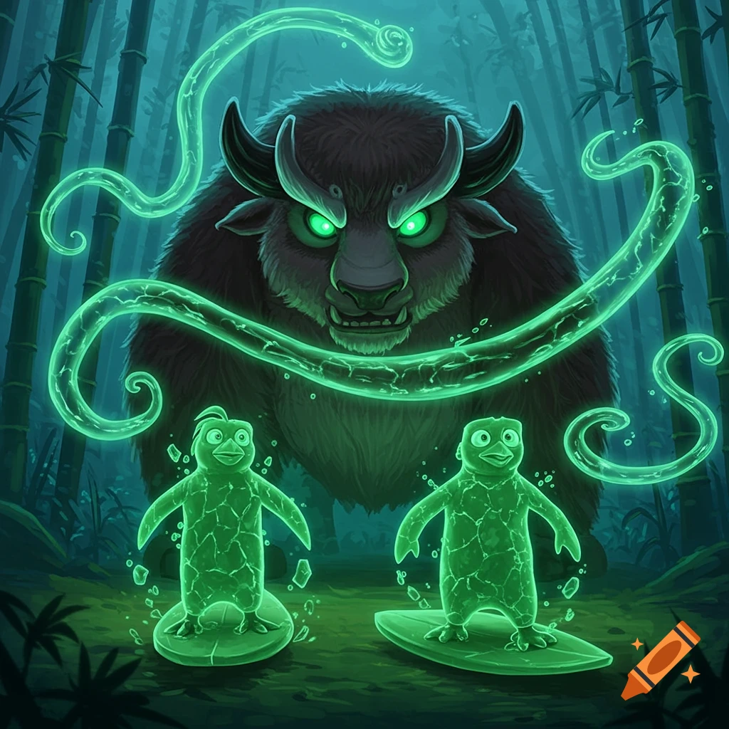 A fierce green-eyed yak-like creature with horns in a bamboo forest, using green energy to turn two cartoon penguins into glowing, cracked jade zombies.