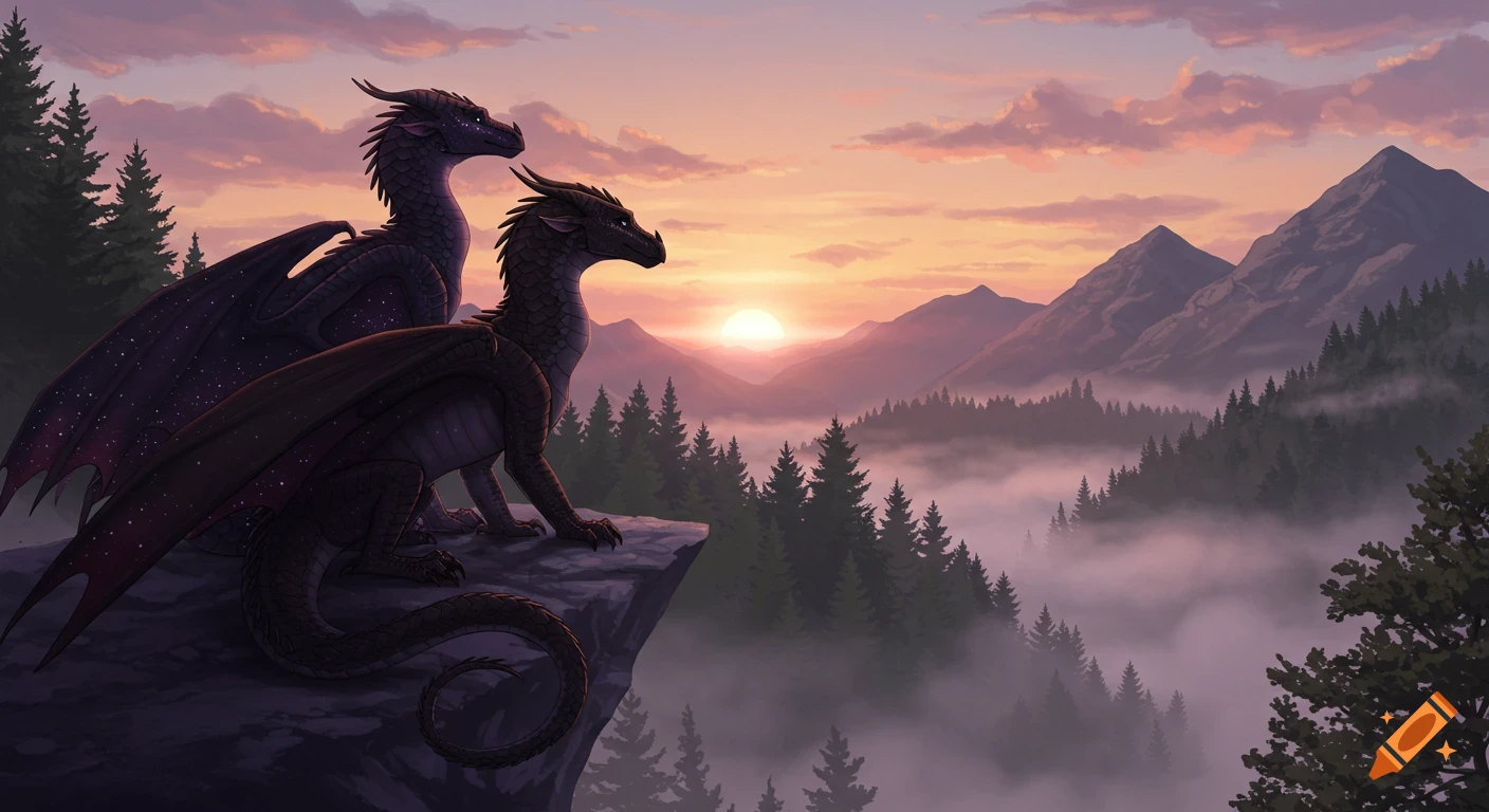 Two majestic dragons sit on a cliff, overlooking a misty mountain forest valley at sunrise under a colorful sky, in a fantasy art style.