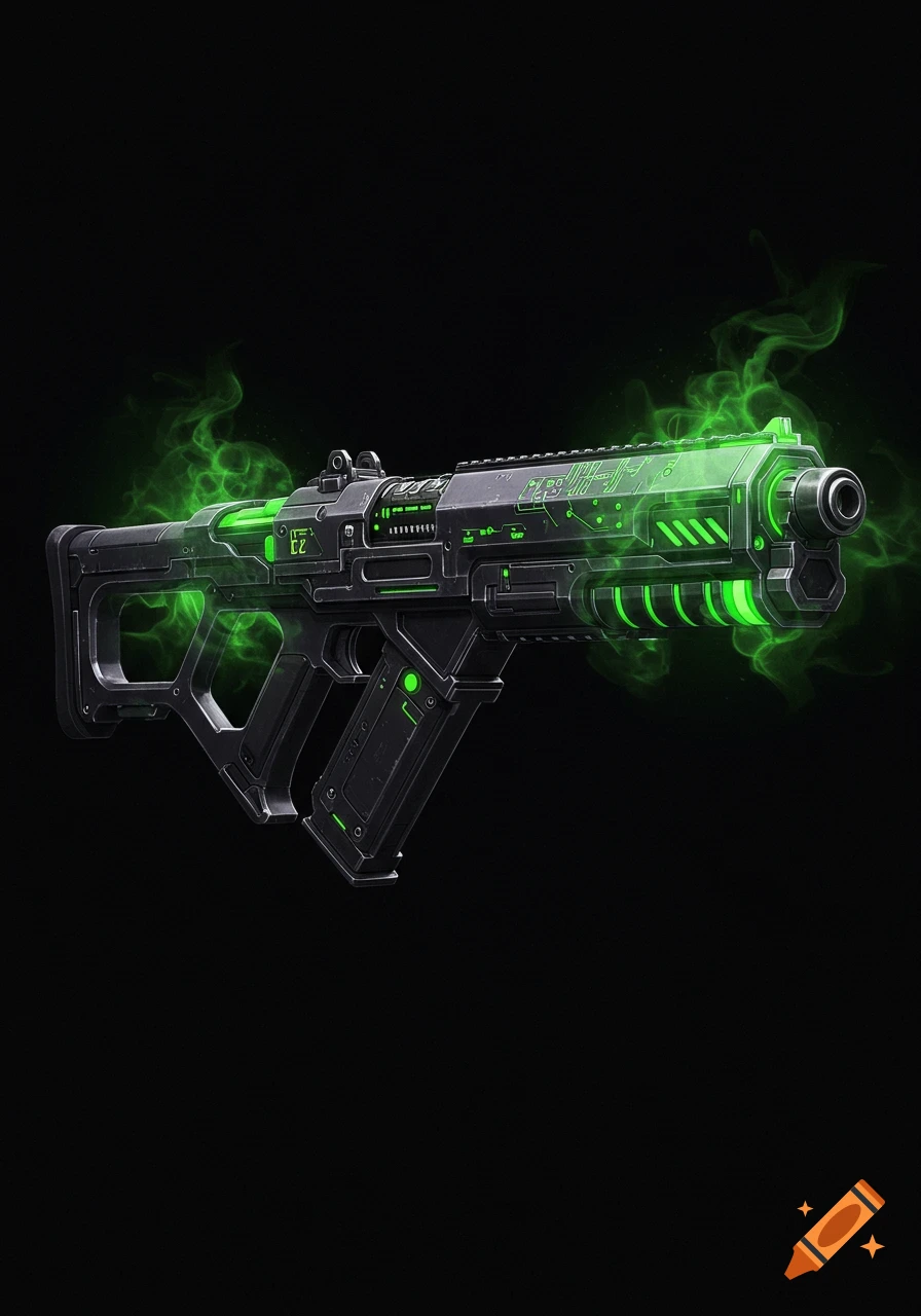 A sleek, black, futuristic firearm, possibly an acid blaster, glowing with vibrant green light and smoke against a dark background.