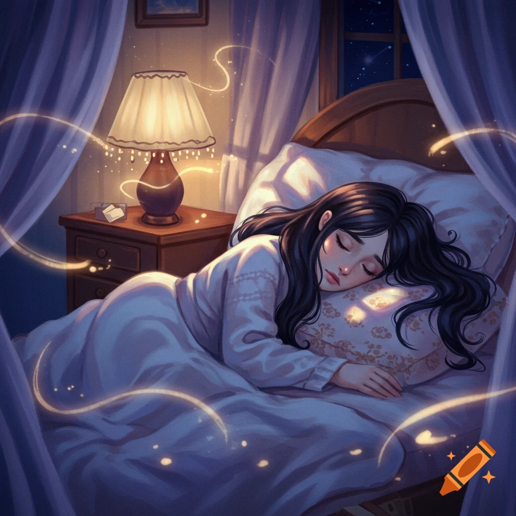 Dreamy illustration of a young woman with dark hair sleeping peacefully in a cozy bed at night, with glowing light trails.