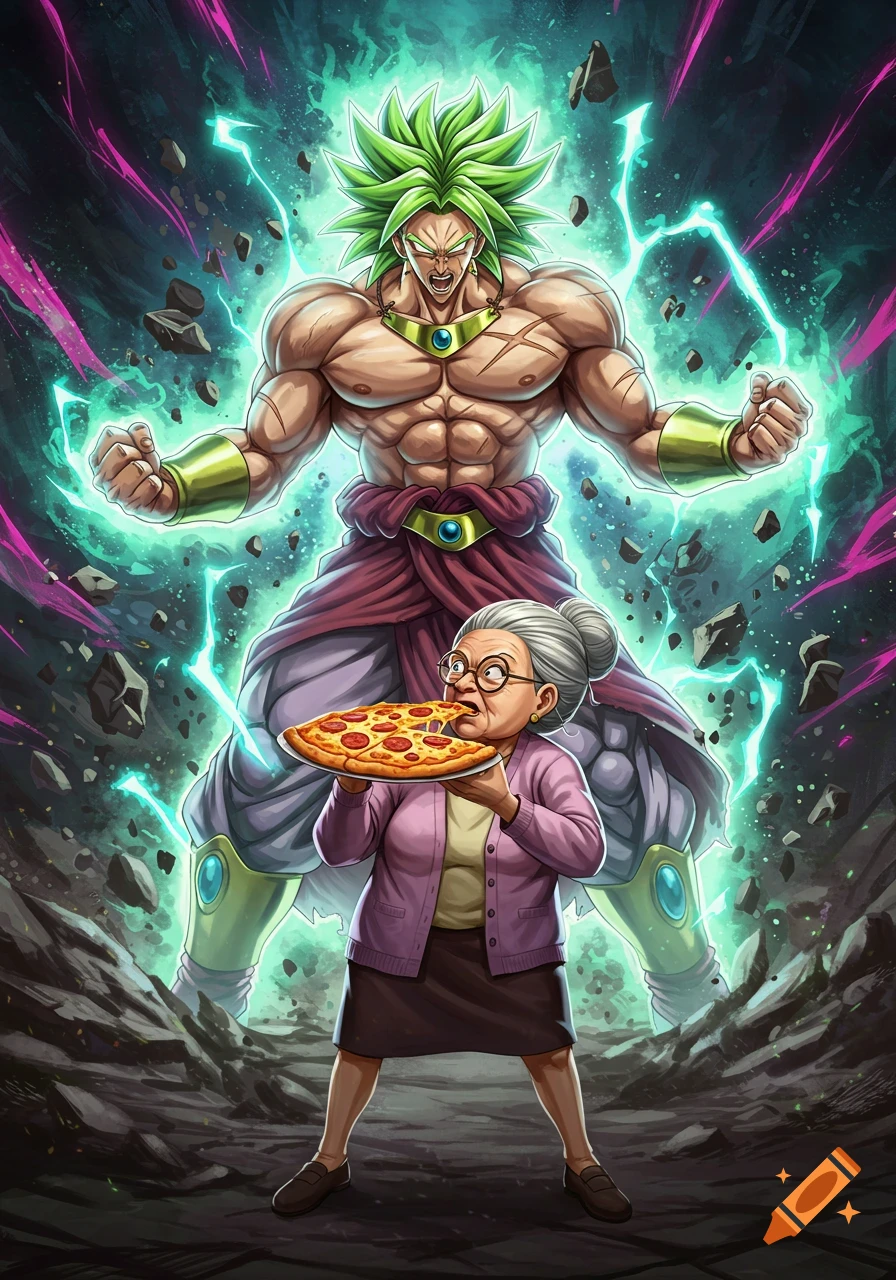 Anime style illustration of a powerful Broly surrounded by green energy and debris, glaring down at a nonchalantly eating grandma holding a pizza.