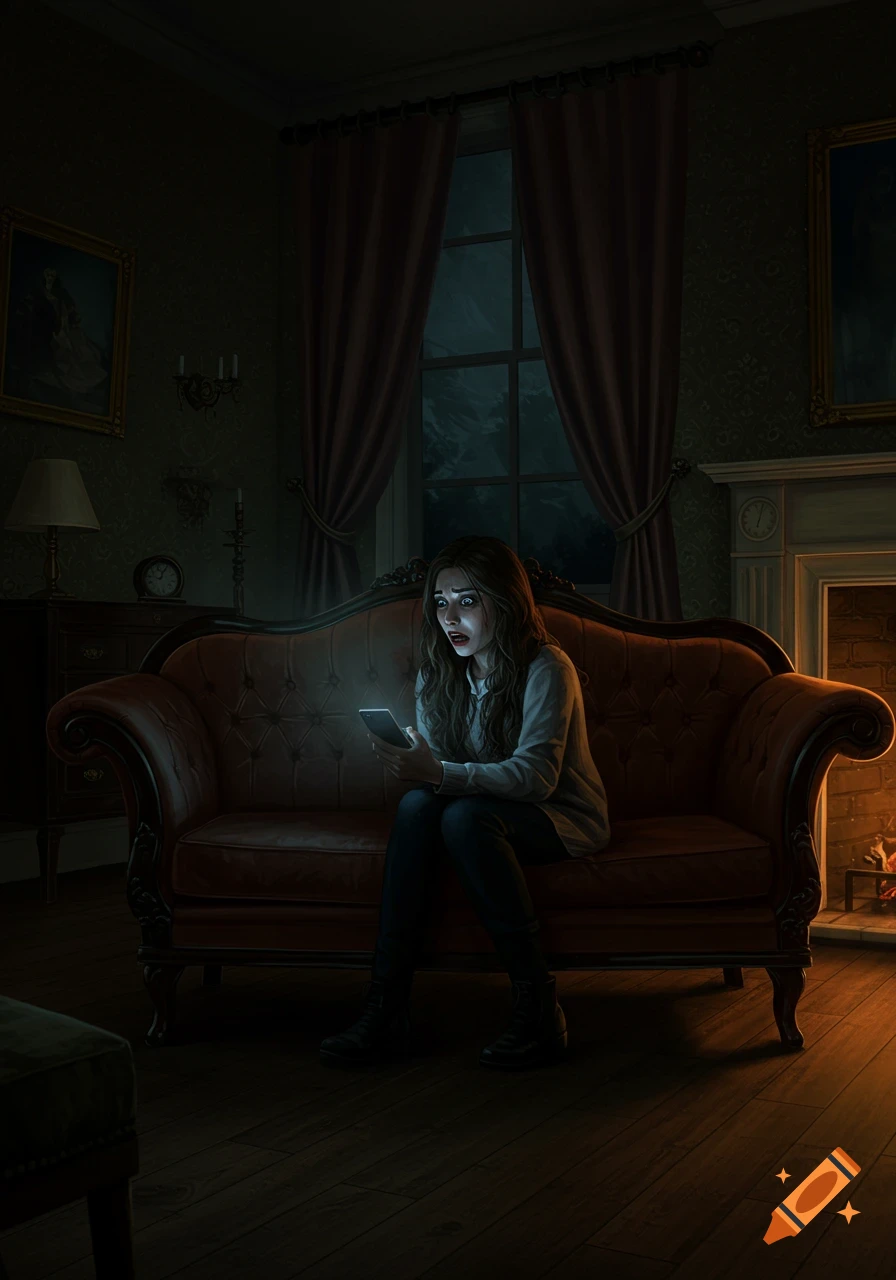 A terrified young woman on a couch in a dark, ornate living room, her face illuminated by her glowing phone screen.