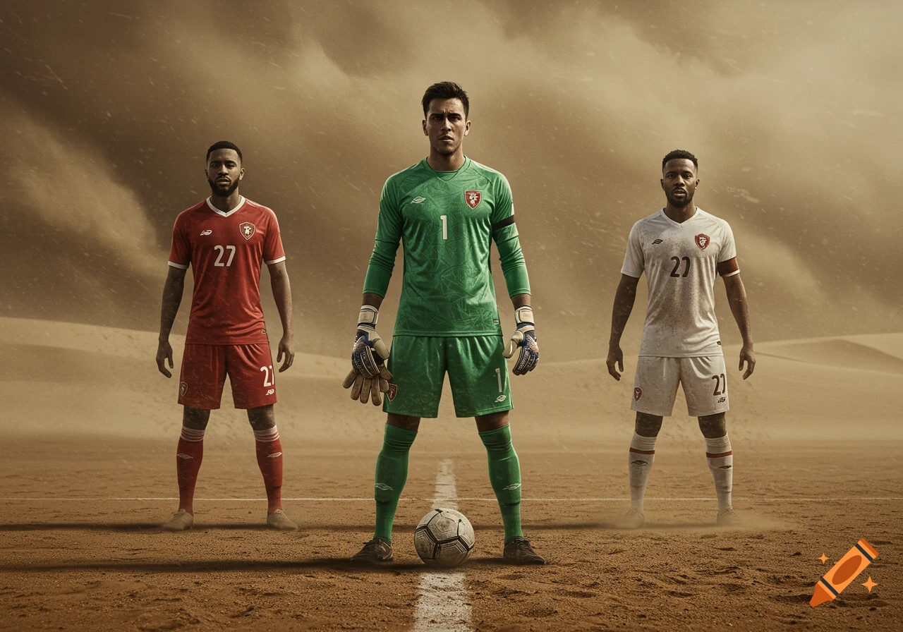 Three photorealistic male soccer players, a goalie and two field players, pose on a sandy field during a sandstorm.
