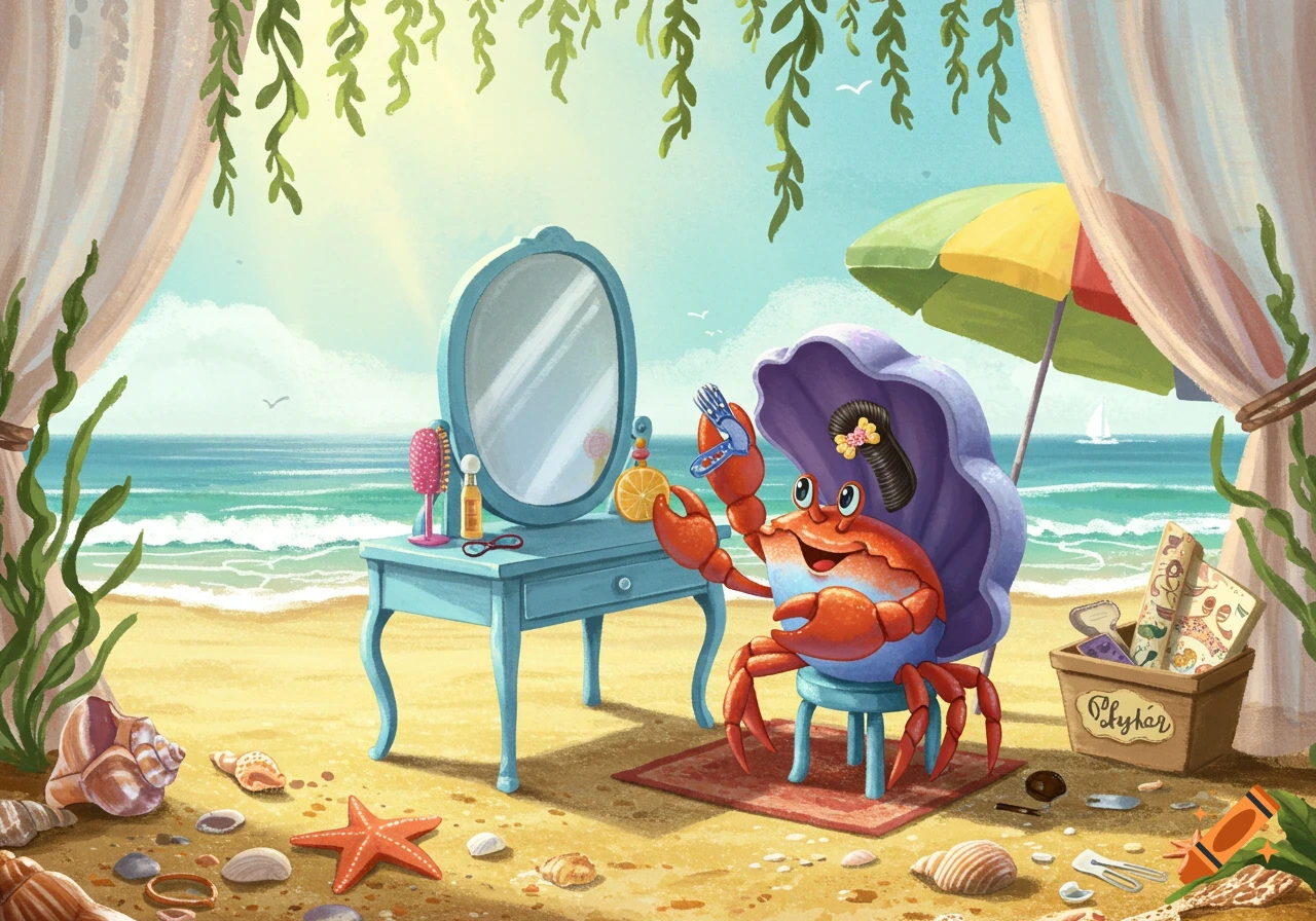 Cartoon crab with a fancy hairstyle sits on a stool, looking in a mirror on a sunny beach, holding a hair clip.