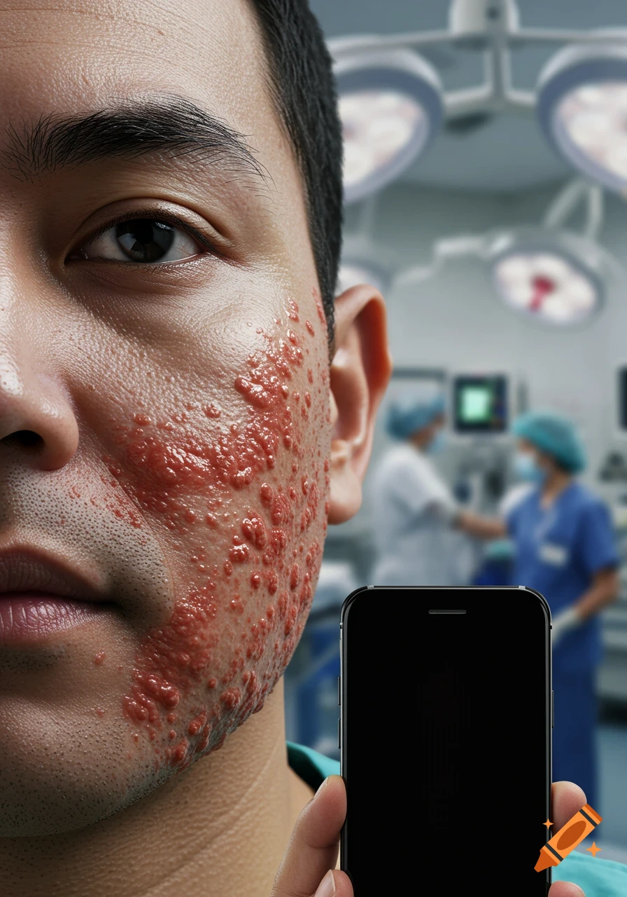 Close-up of a man with a severe red rash on his face holding a black smartphone, with a blurred medical room in the background.