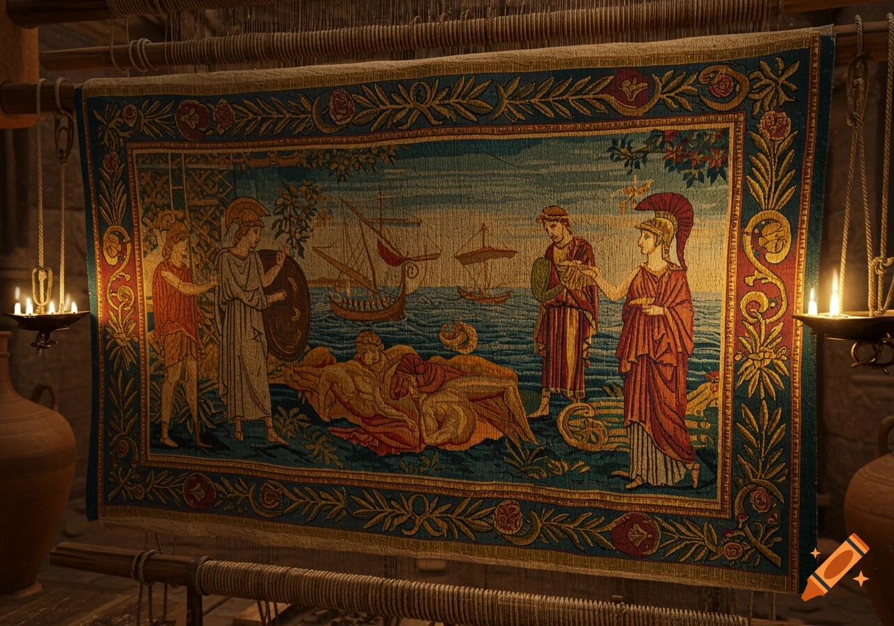 An intricately woven classical tapestry depicting figures, a boat on the sea, and a reclining person, displayed on a loom.