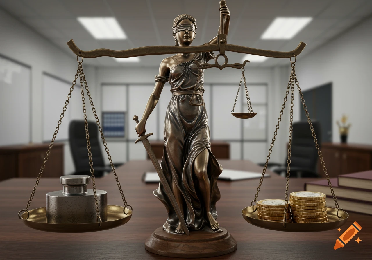 Photorealistic Lady Justice statue with a sword and blindfold, holding balanced scales with a metal weight and Euro coins in a modern law office.