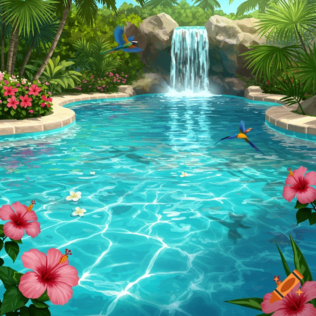 A vibrant illustration of a tropical pool with a waterfall, lush greenery, pink hibiscus flowers, and two colorful parrots flying over the water.