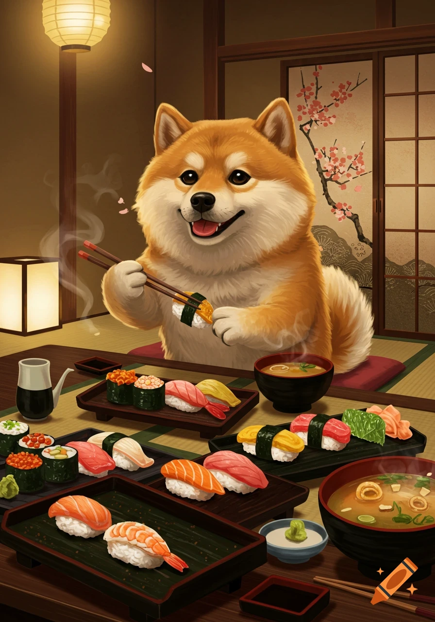 A cute Shiba Inu dog happily eating sushi with chopsticks at a low table in a Japanese-style room, surrounded by plates of sushi and bowls of miso soup.