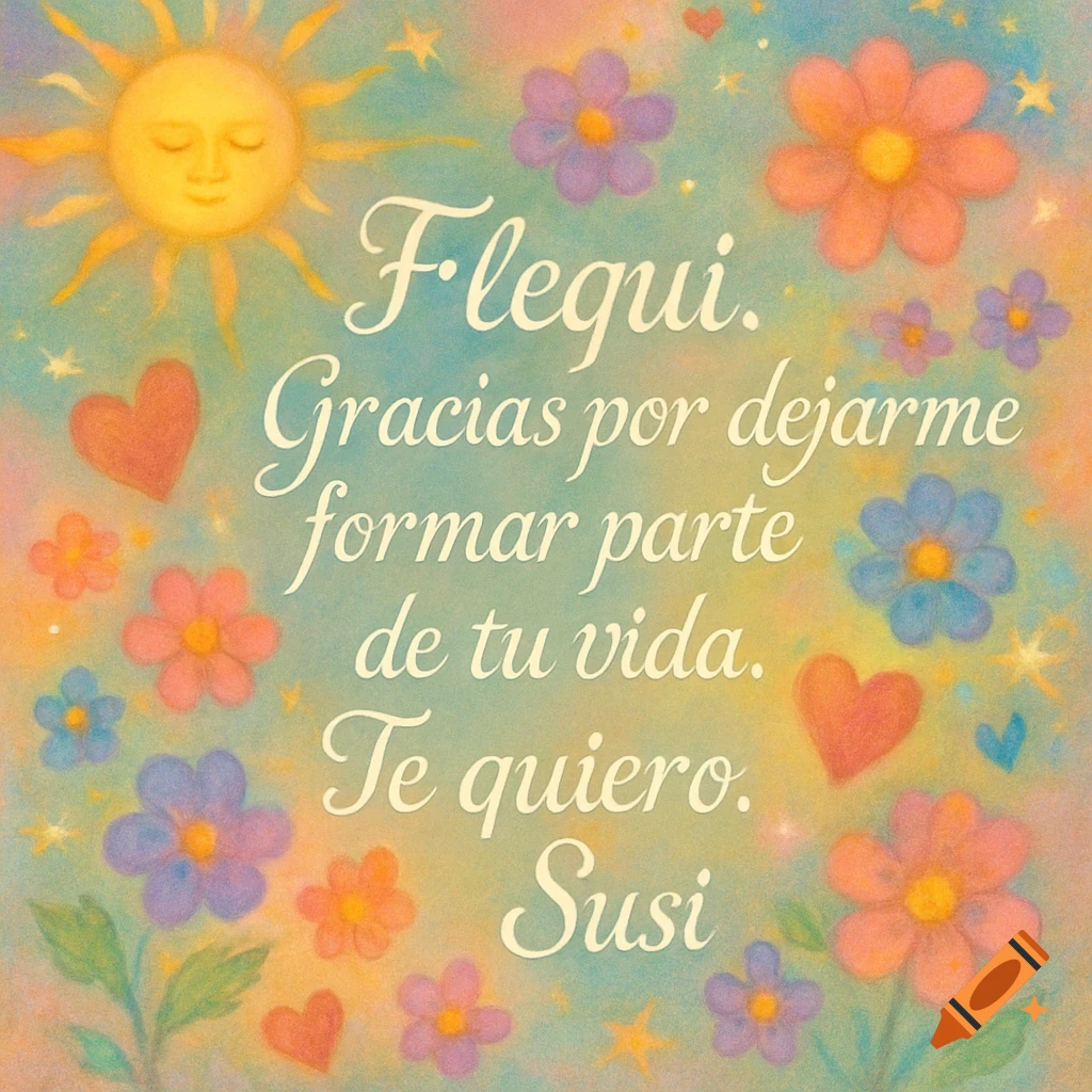 Whimsical illustration with a smiling sun, colorful flowers, hearts, and stars on a pastel background, featuring Spanish text.