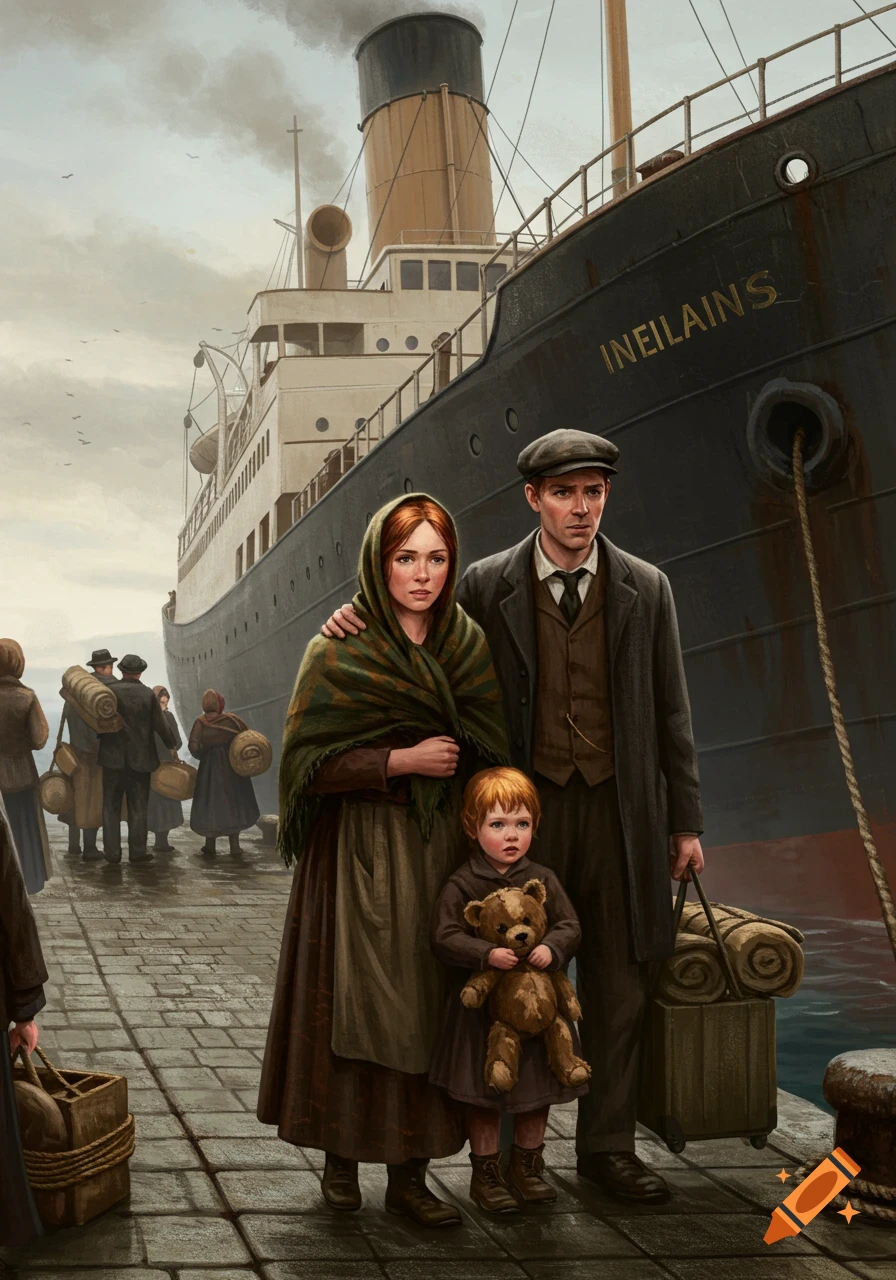 An illustration of a family, an Irish woman, man, and toddler holding a teddy bear, standing on a dock next to a large immigrant ship, with other people in the background, in 1900.