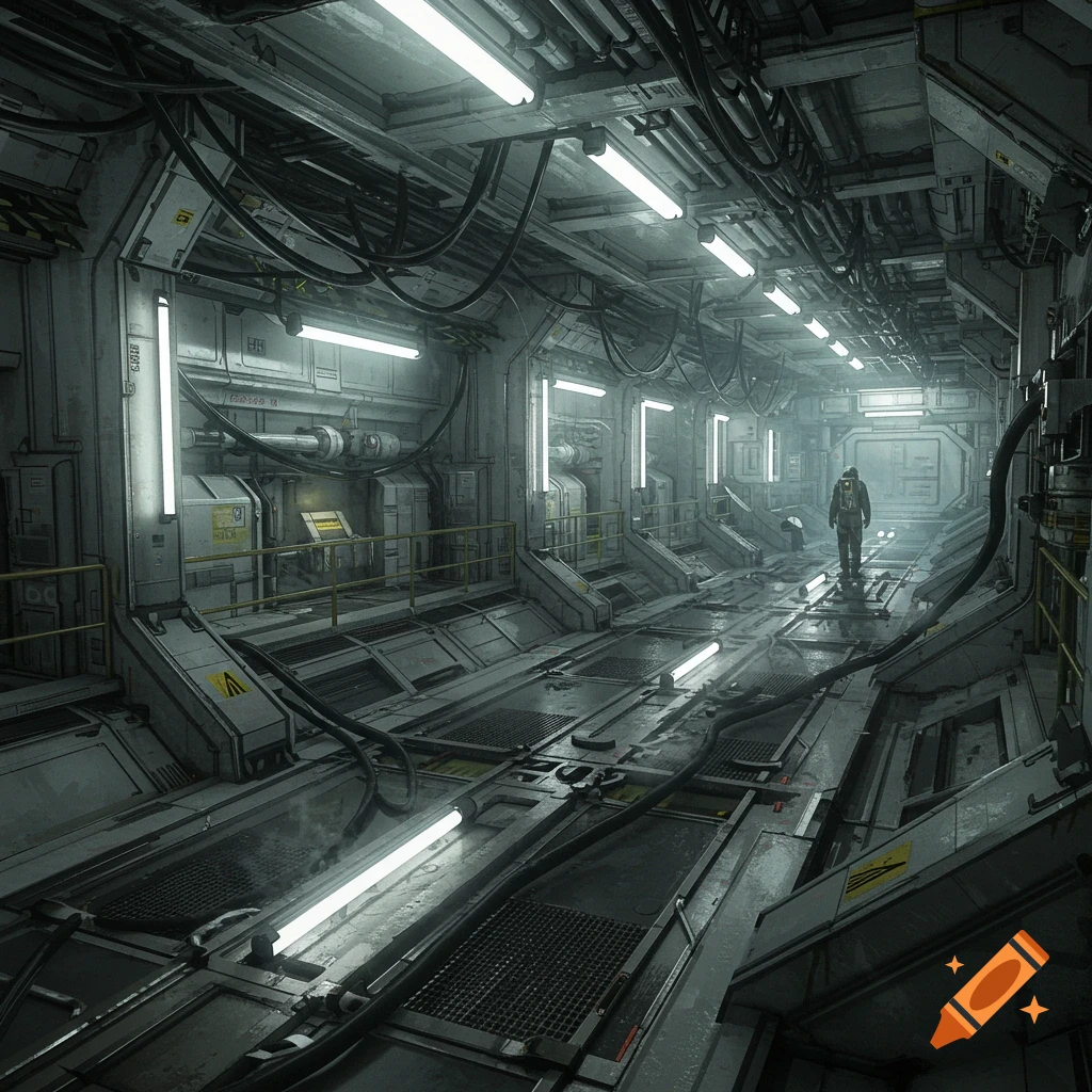 A lone figure in a hazmat suit walks through a derelict, futuristic sci-fi corridor illuminated by fluorescent lights, with pipes, cables, and grates.
