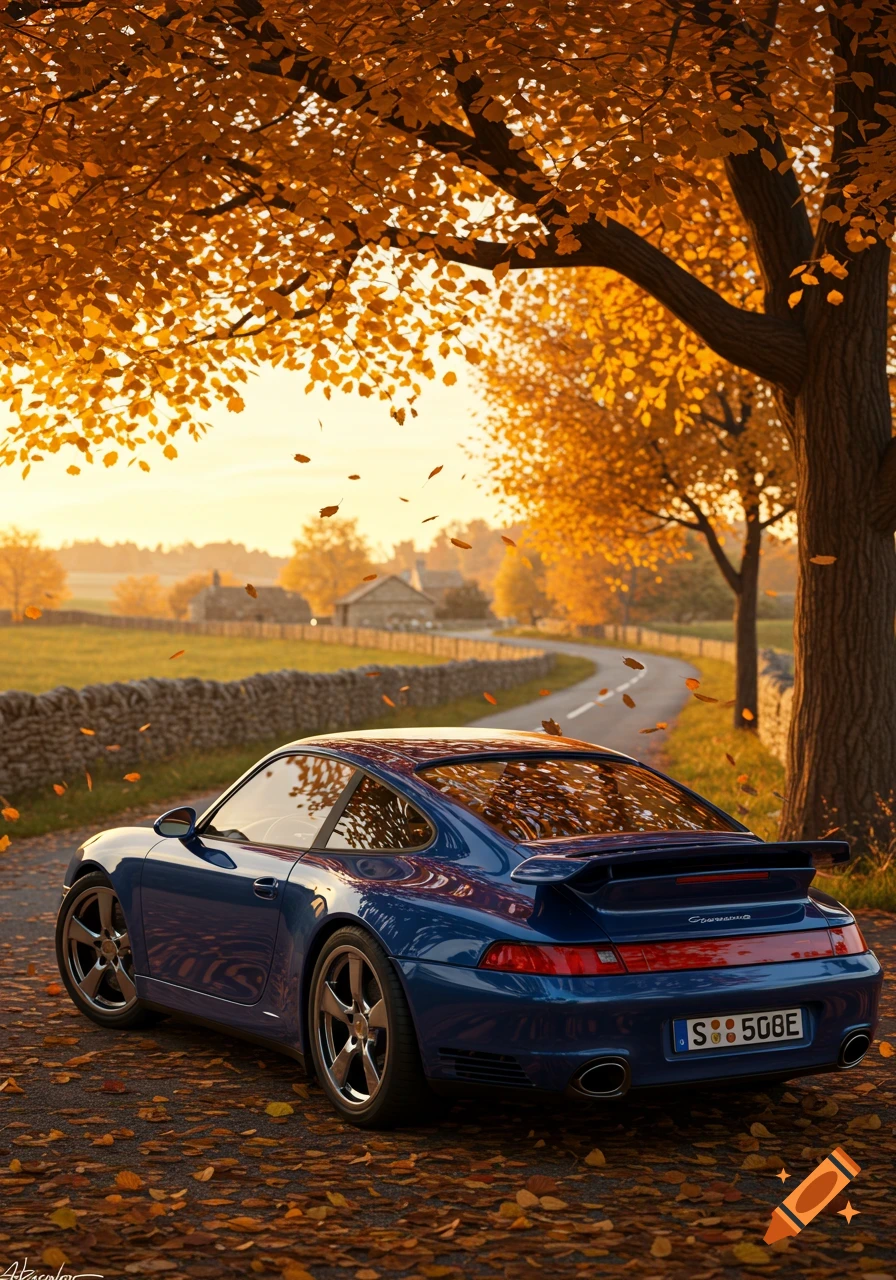 A blue Porsche 911 parked on an autumn road with falling golden leaves, a stone wall, and distant houses under a sunset sky.