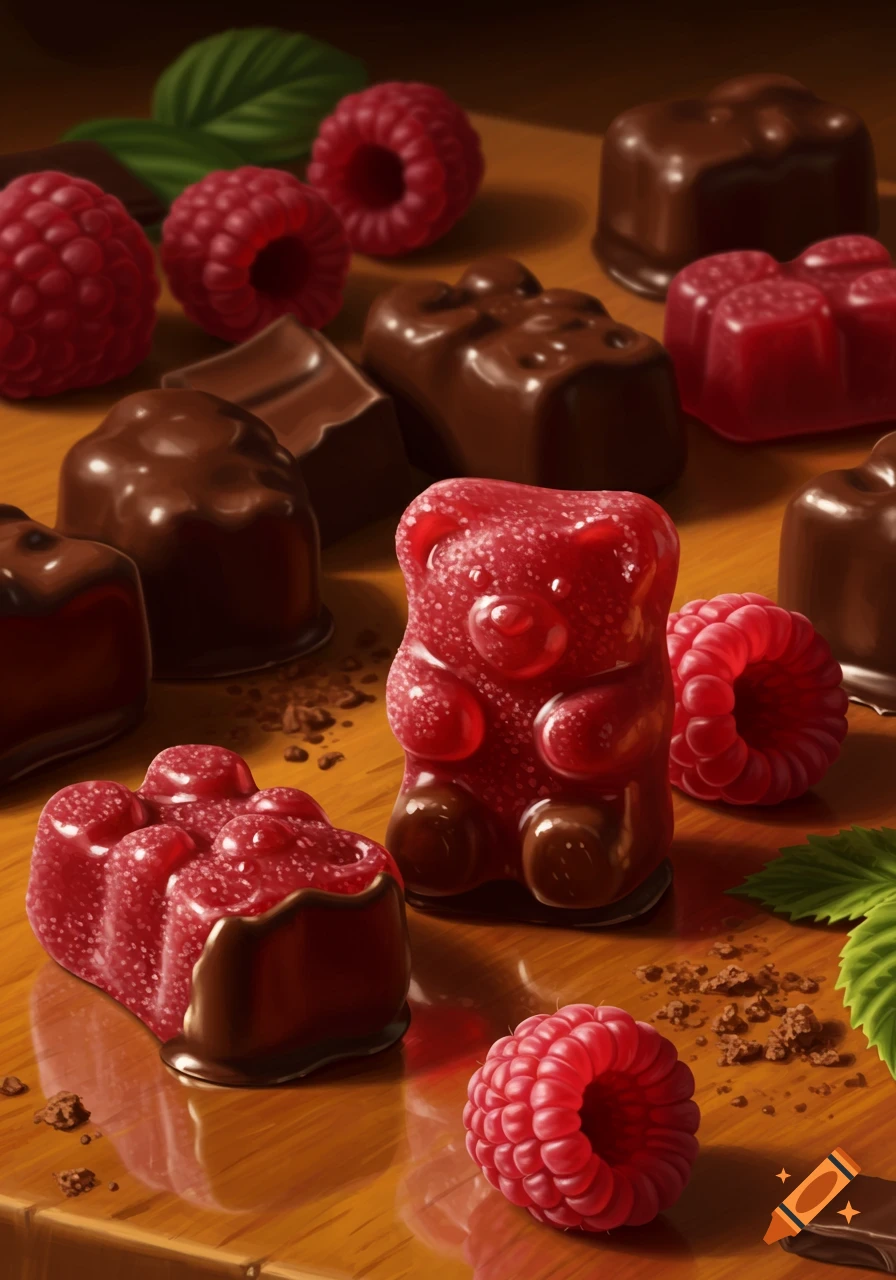 Close-up of red, sugar-dusted gummy bears and raspberry-shaped chocolate candies with fresh raspberries on a wooden surface.