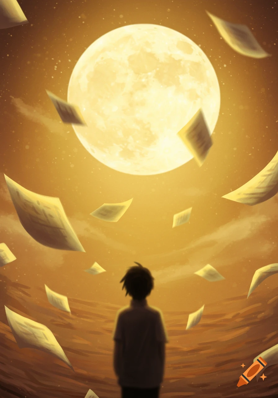 Watercolor illustration of a silhouetted person looking up at a large full moon, with sheets of paper floating in a warm, dreamy sky.