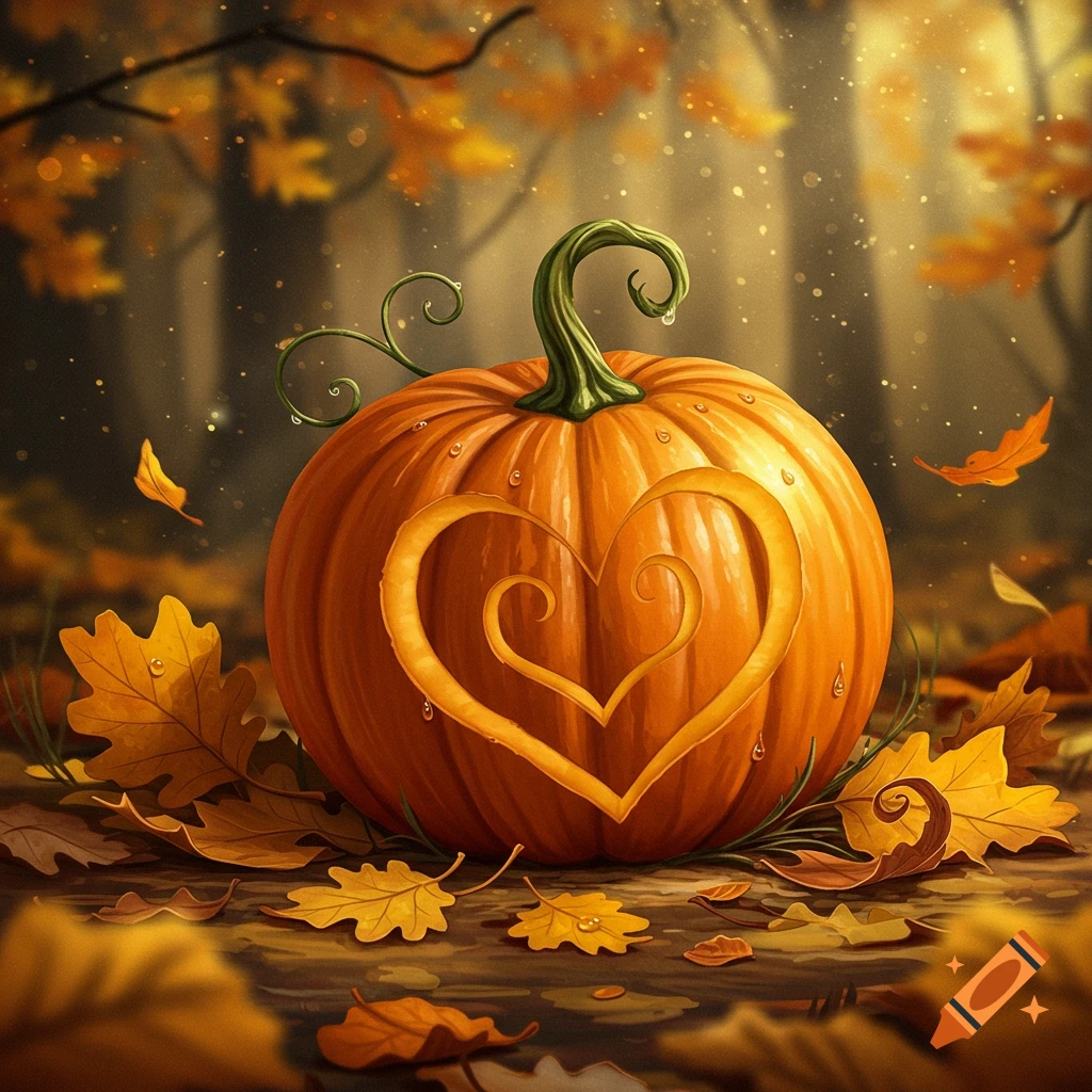 A vibrant illustration of an orange pumpkin with a heart carved into it, surrounded by fallen autumn leaves in a forest.
