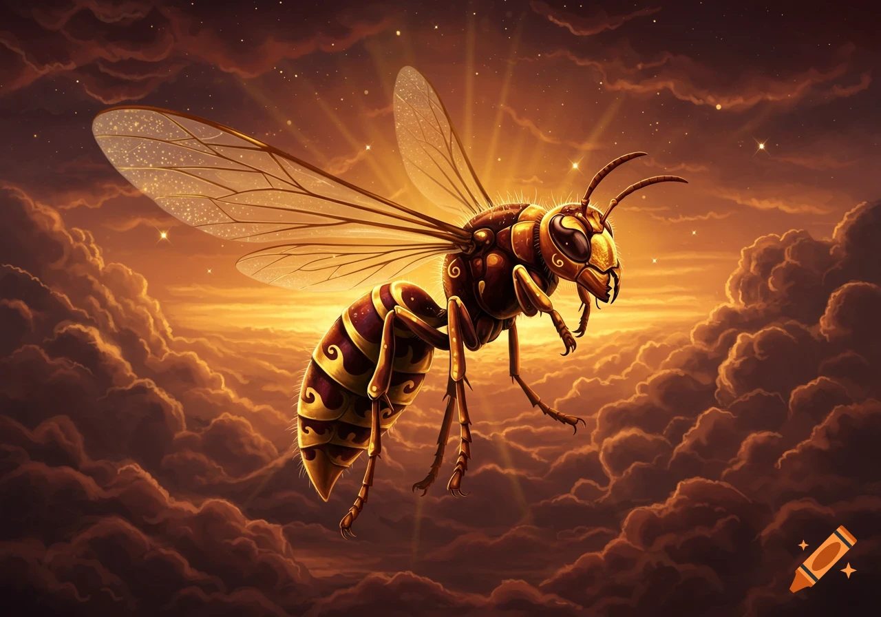 A majestic gold and maroon hornet with glowing wings flies through a dramatic, cloudy, orange and purple sunset sky.