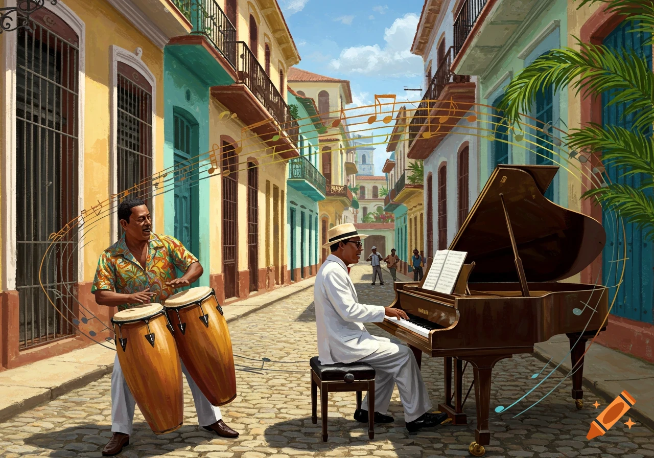 An illustration of two musicians playing congas and a grand piano on a vibrant, colorful Cuban street.
