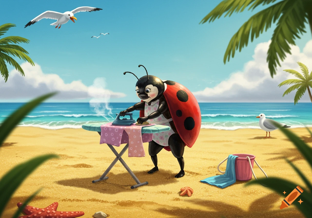 A cartoon ladybug wearing an apron irons clothes on an ironing board on a sandy beach, with palm trees, ocean, and seagulls in the background.