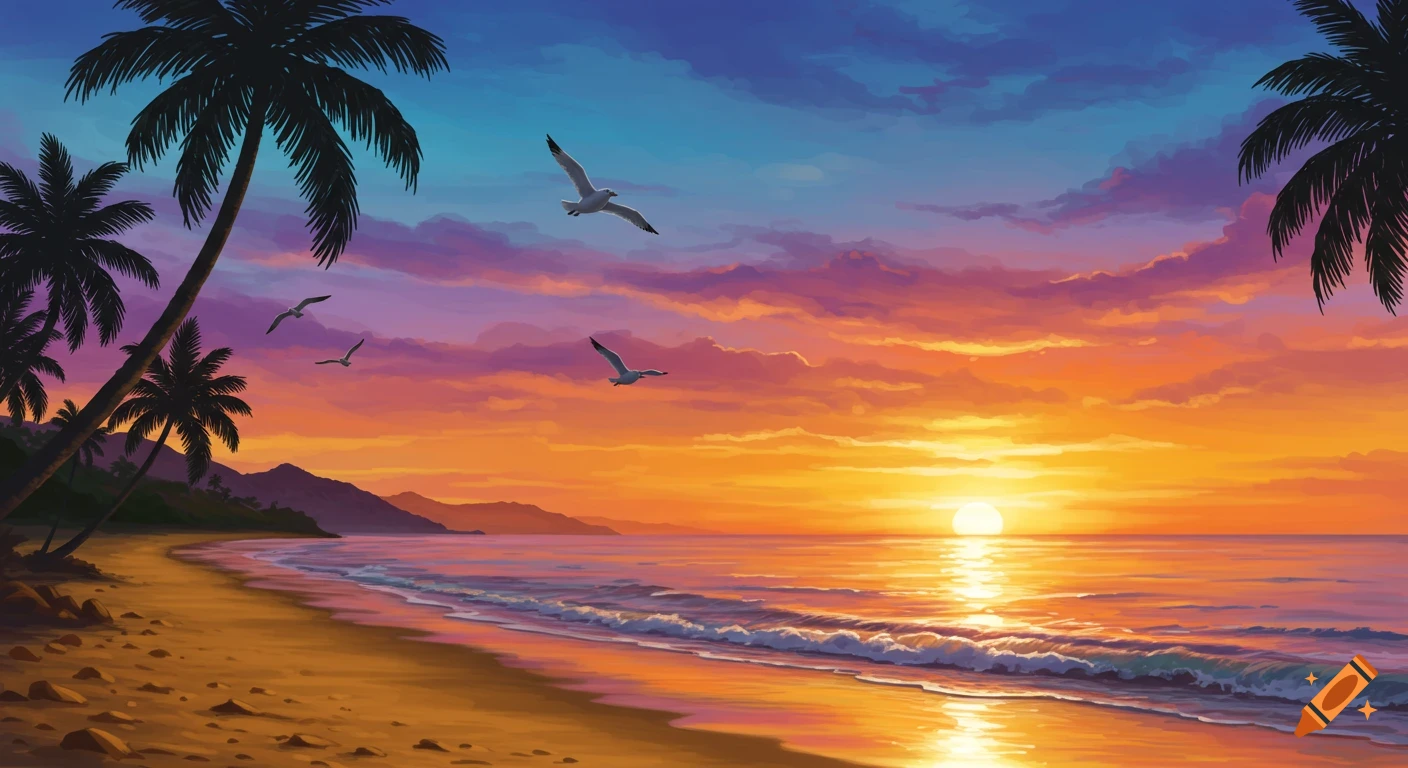 Vibrant painting of a tropical beach at sunset with palm trees, flying seagulls, and colorful ocean waves.