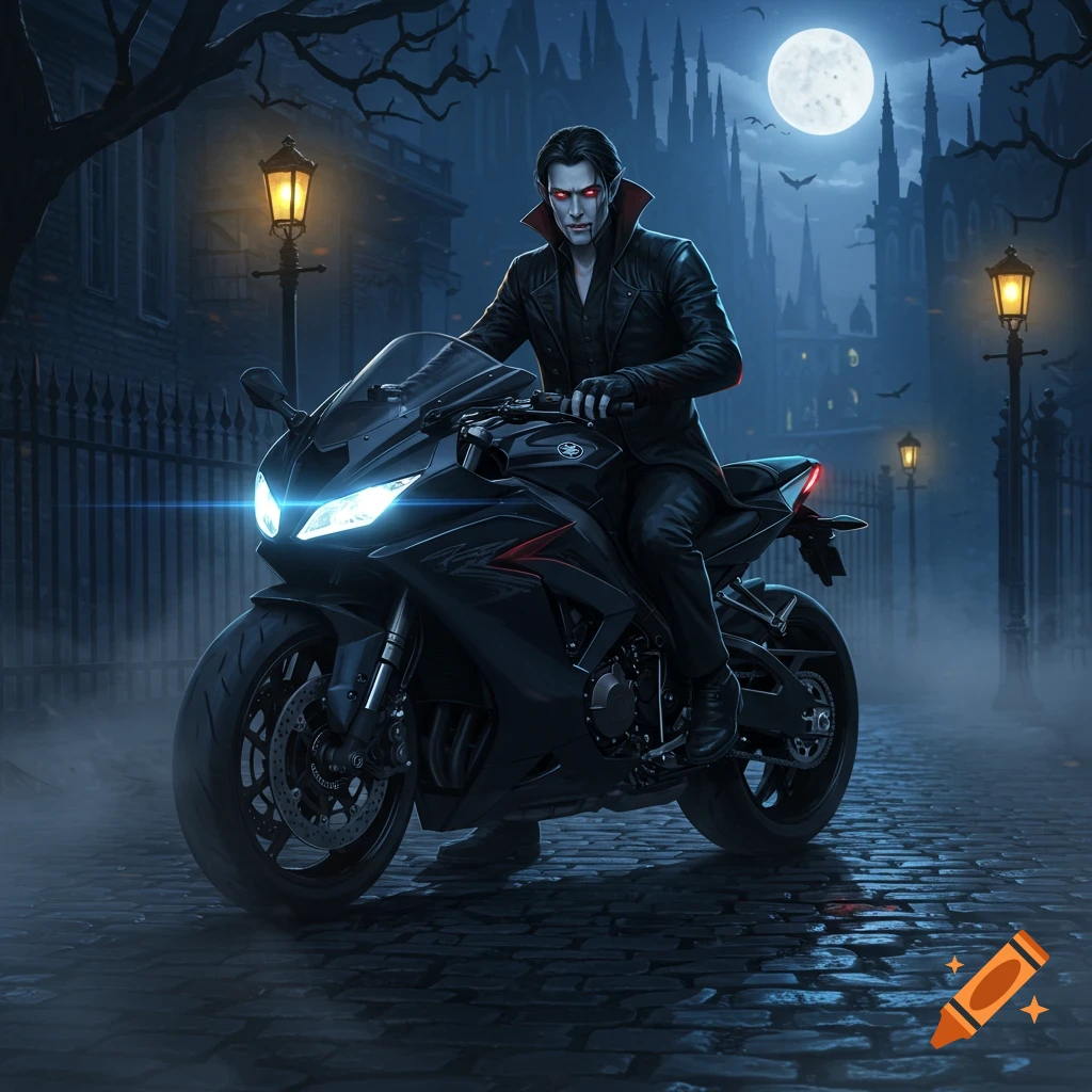 A vampire with red eyes on a black motorcycle drives down a foggy cobblestone street in a gothic city at night under a full moon.