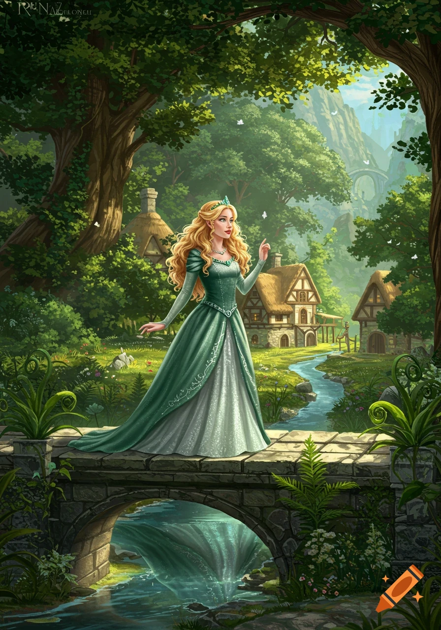 A blonde princess in a green dress stands on a stone bridge in a vibrant fantasy forest village with a river and thatched-roof houses.