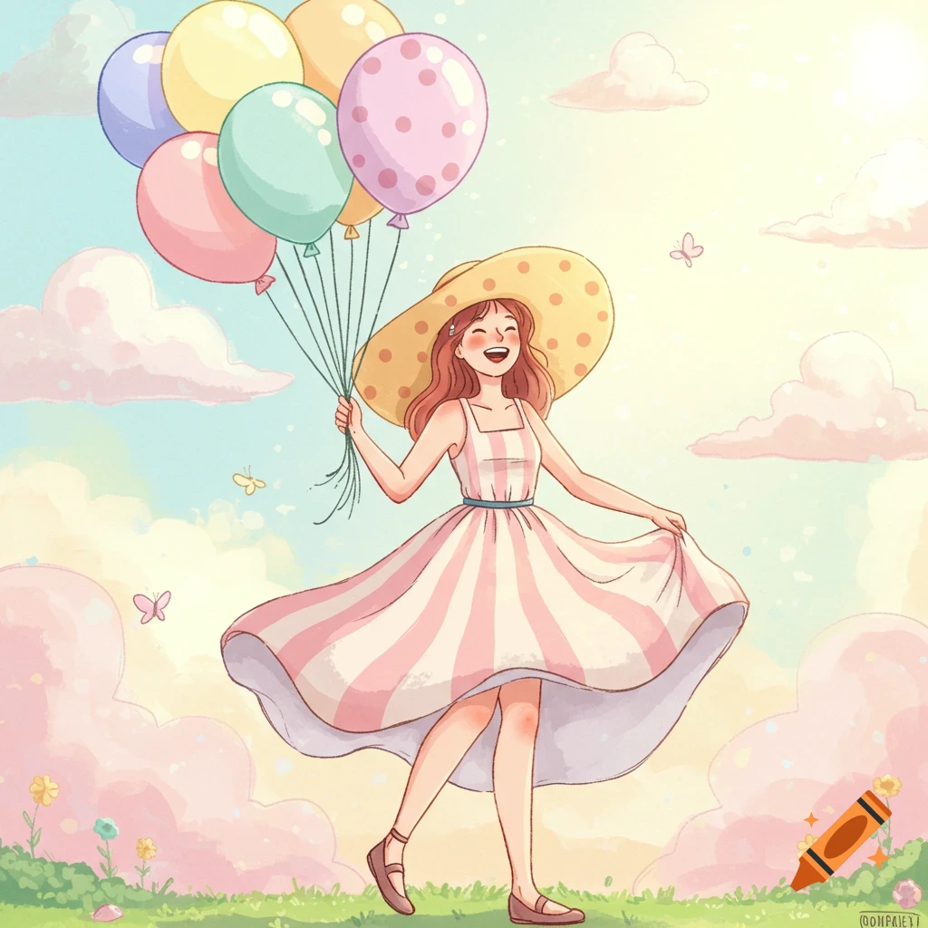 A cheerful cartoon woman in a straw hat and striped dress walks happily, holding a bouquet of colorful balloons under a sunny sky.