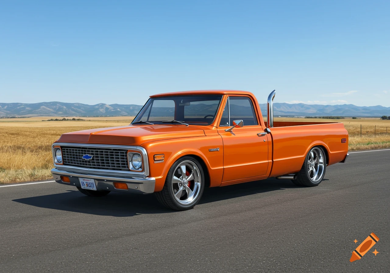 A bright orange 1970 Chevy C10 pickup truck with side exhaust sits on an asphalt road in a rural landscape.
