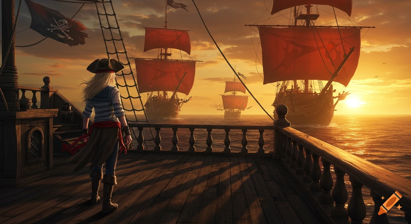 A blonde girl pirate in a tricorn hat stands on a ship's deck, looking out at two red-sailed pirate ships under a dramatic sunset.