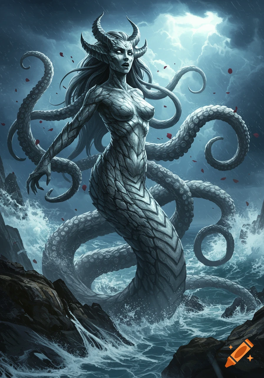 Fantasy art of a horned, scaled, tentacled monster woman with glowing eyes rising from a stormy sea.